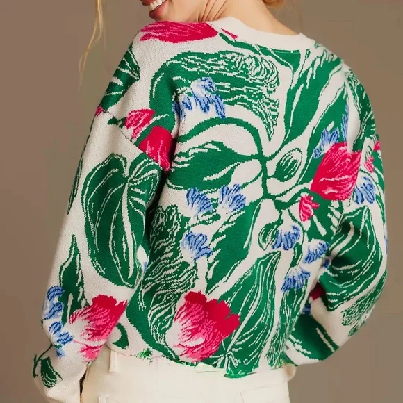 AVARA Size S Green-White w/Pink-Blue Splashes Tropical Print Crew Neck Sweater - Picture 2 of 7